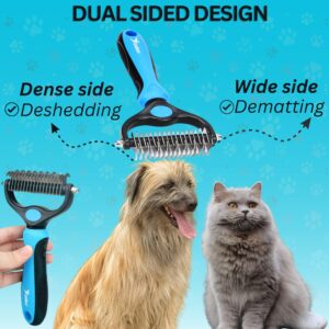 Candure Dematting Comb for Dog and Cat, Pet Grooming Rake and Brushes for Small, Medium & Large Dogs 17+9 Double Sided Deshedding Tool Removes Knots and Tangled Hair (Blue)