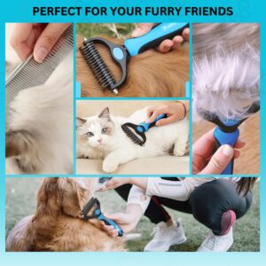 Candure Dematting Comb for Dog and Cat, Pet Grooming Rake and Brushes for Small, Medium & Large Dogs 17+9 Double Sided Deshedding Tool Removes Knots and Tangled Hair (Blue)