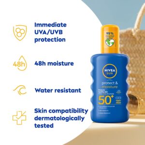 NIVEA SUN Protect & Moisture Sun Spray SPF 50+ (200ml), Moisturising Suncream Spray with SPF 50+, Advanced Sunscreen Providing Immediate, Effective UVA + UVB Protection